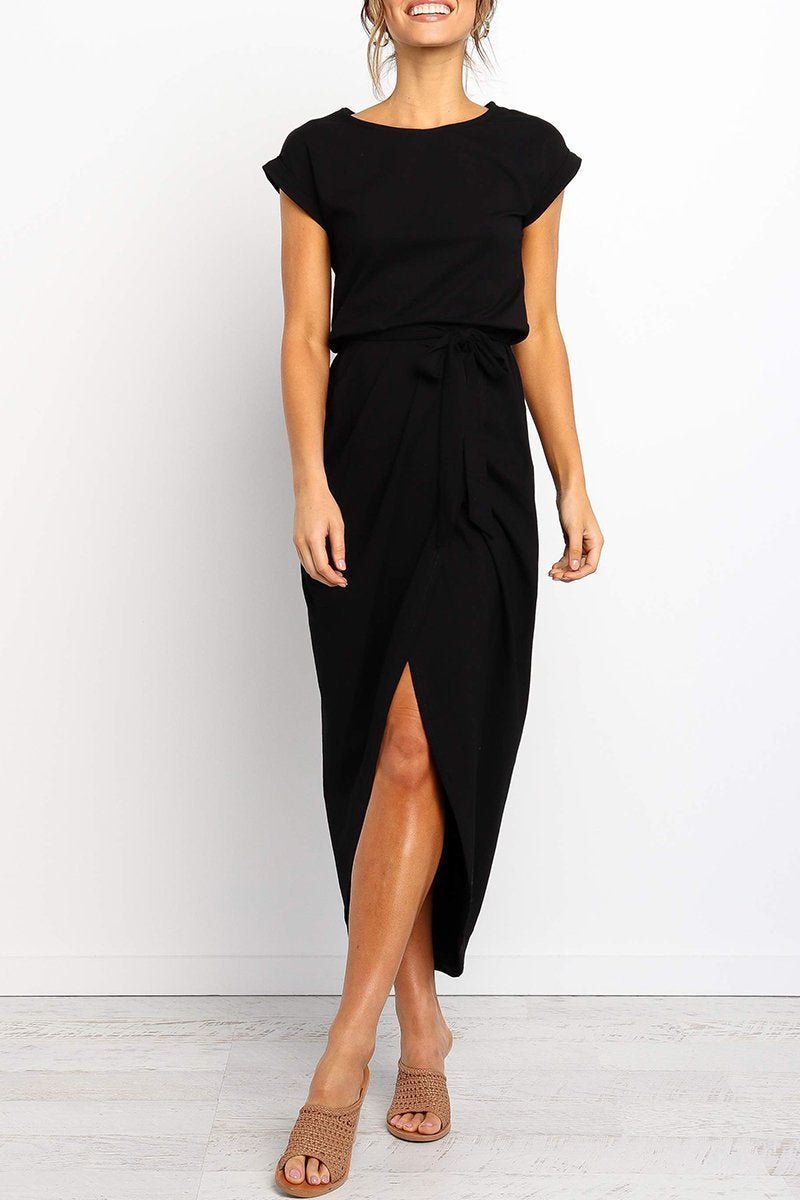 Women's Cap-Sleeve Drawstring-Waist Fall Midi Dress