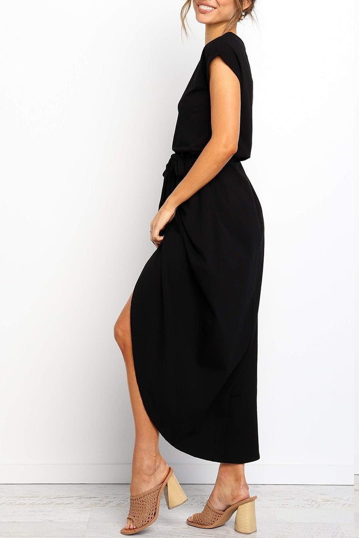 Women's Cap-Sleeve Drawstring-Waist Fall Midi Dress