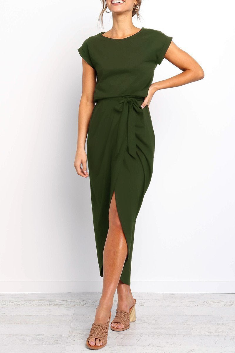 Women's Cap-Sleeve Drawstring-Waist Fall Midi Dress