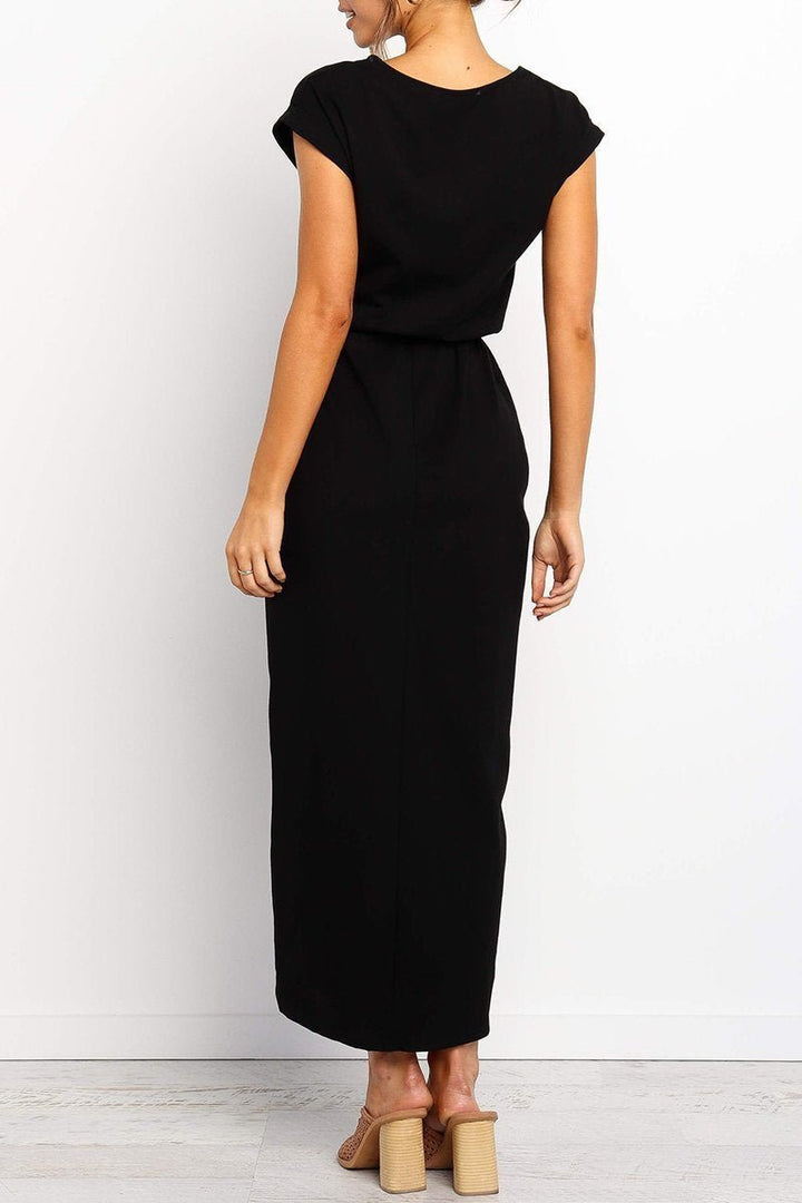 Women's Cap-Sleeve Drawstring-Waist Fall Midi Dress
