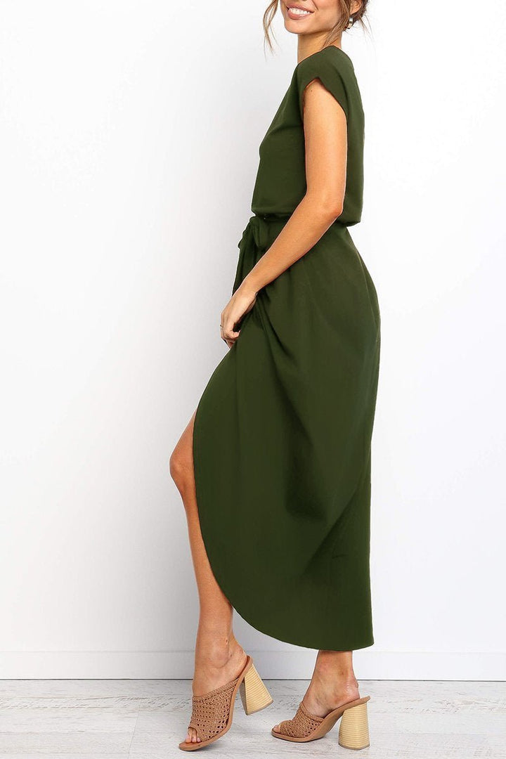 Women's Cap-Sleeve Drawstring-Waist Fall Midi Dress