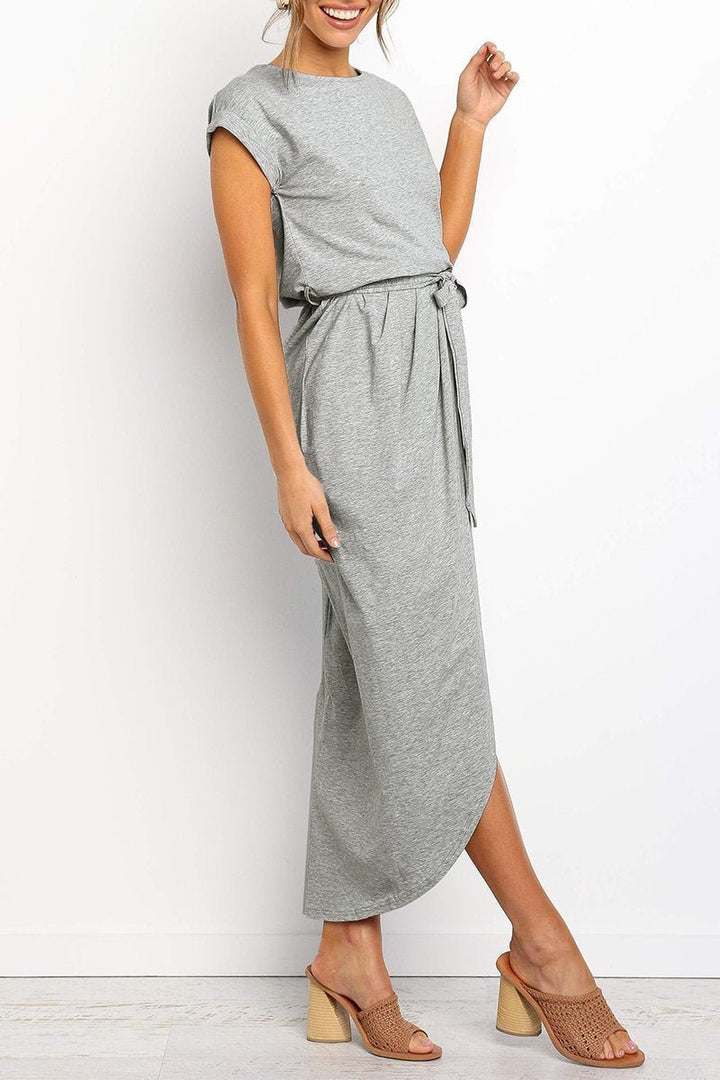 Women's Cap-Sleeve Drawstring-Waist Fall Midi Dress