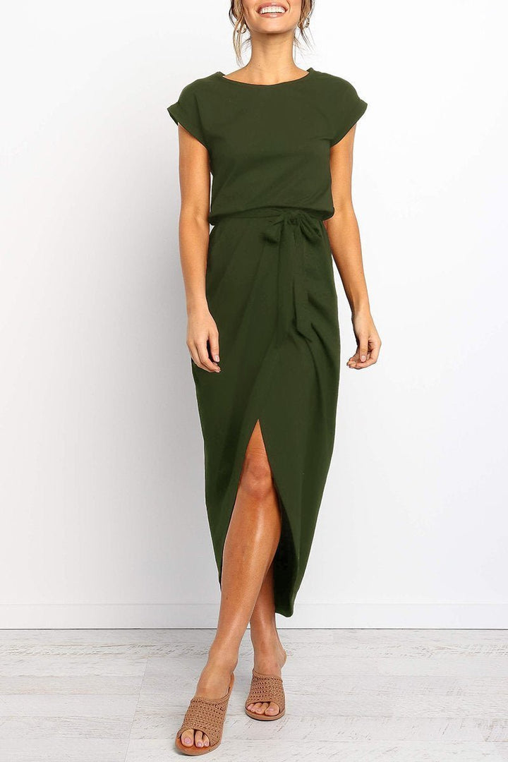 Women's Cap-Sleeve Drawstring-Waist Fall Midi Dress