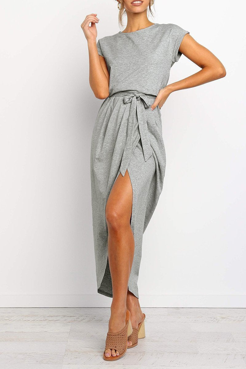 Women's Cap-Sleeve Drawstring-Waist Fall Midi Dress