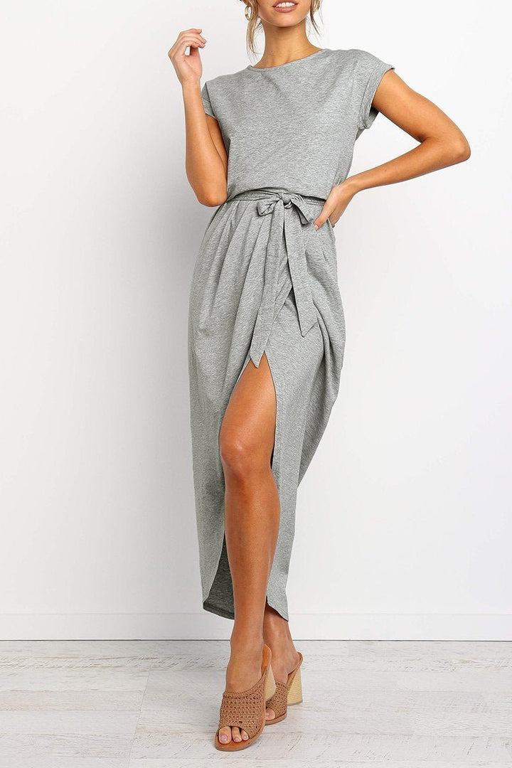 Women's Cap-Sleeve Drawstring-Waist Fall Midi Dress