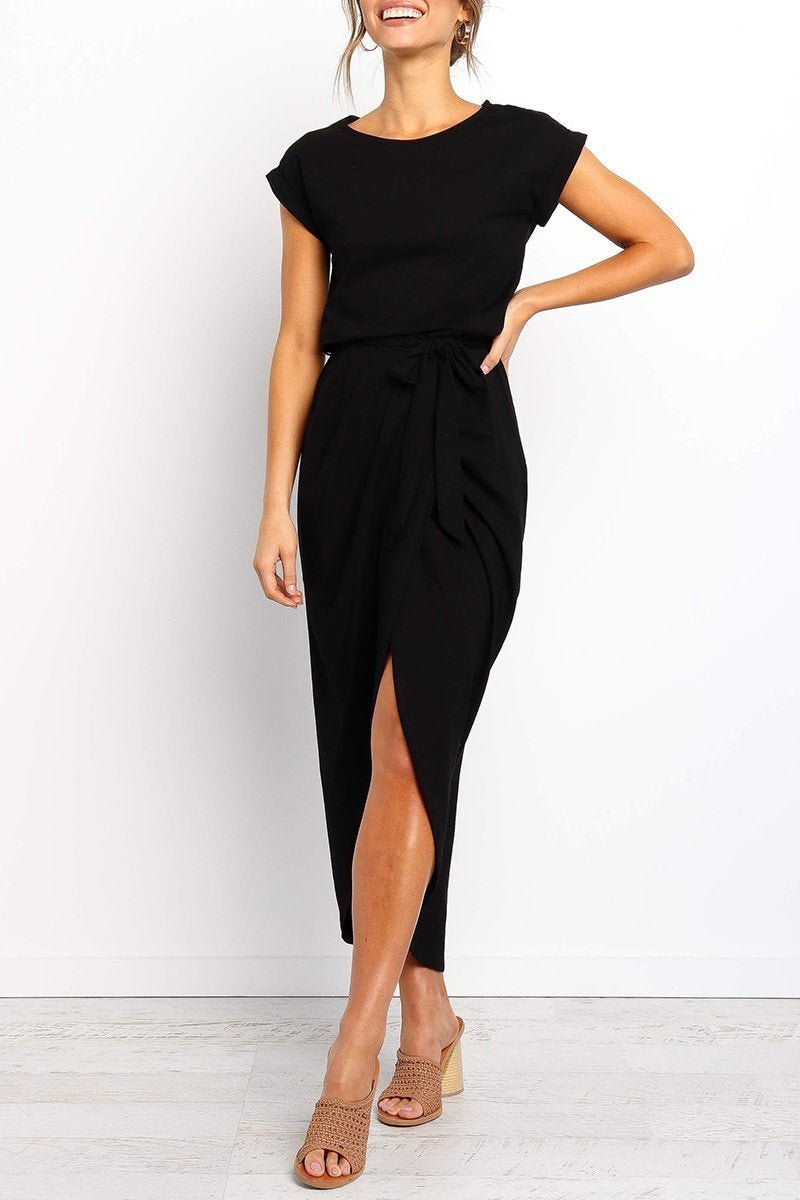 Women's Cap-Sleeve Drawstring-Waist Fall Midi Dress
