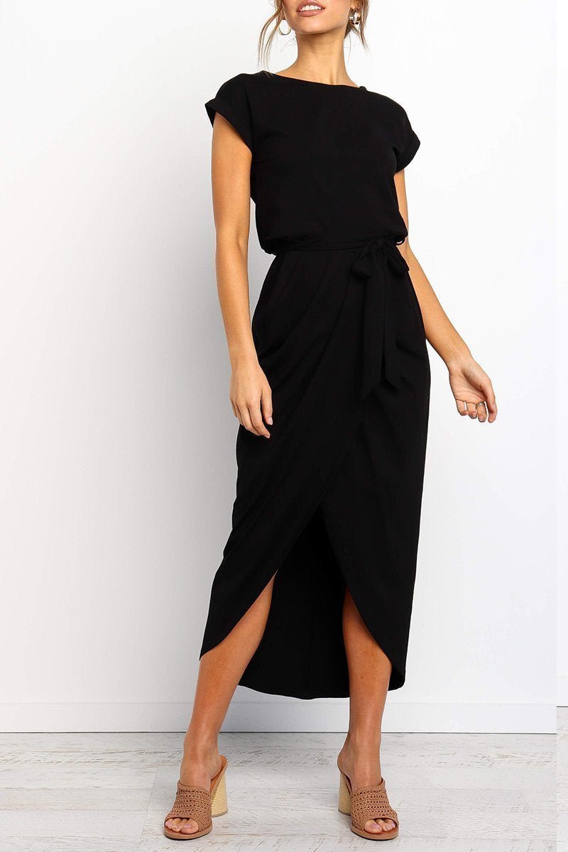 Women's Cap-Sleeve Drawstring-Waist Fall Midi Dress