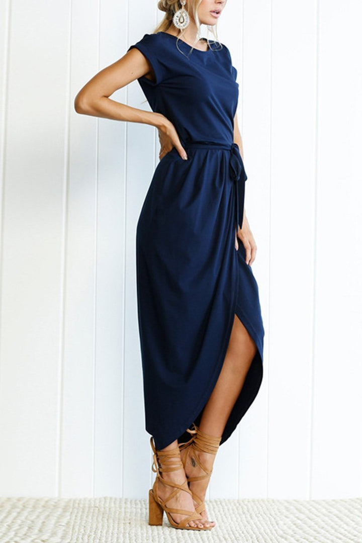 Women's Cap-Sleeve Drawstring-Waist Fall Midi Dress