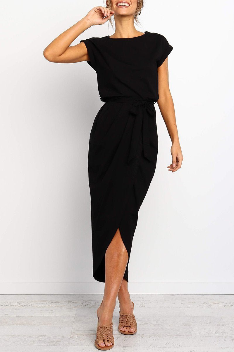 Women's Cap-Sleeve Drawstring-Waist Fall Midi Dress