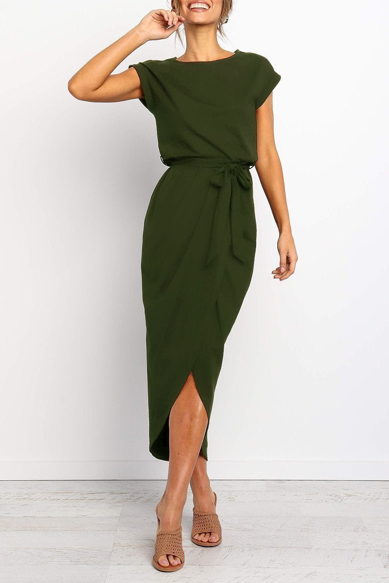 Women's Cap-Sleeve Drawstring-Waist Fall Midi Dress