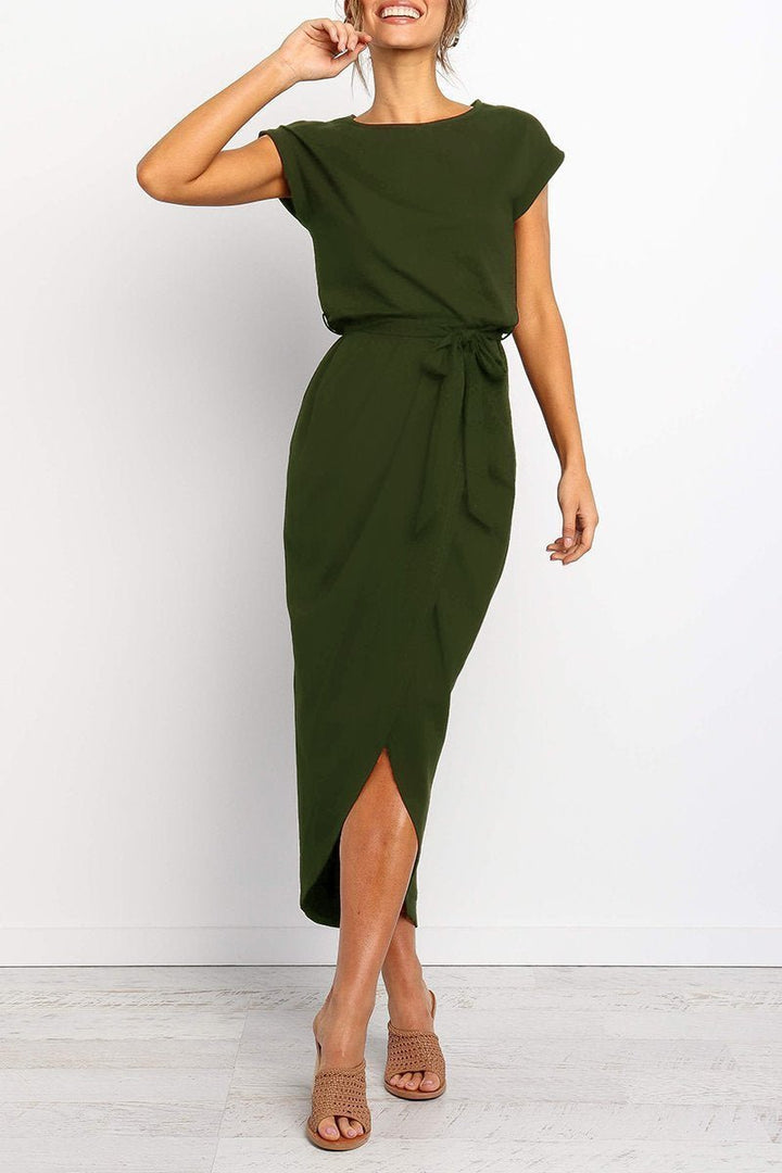 Women's Cap-Sleeve Drawstring-Waist Fall Midi Dress