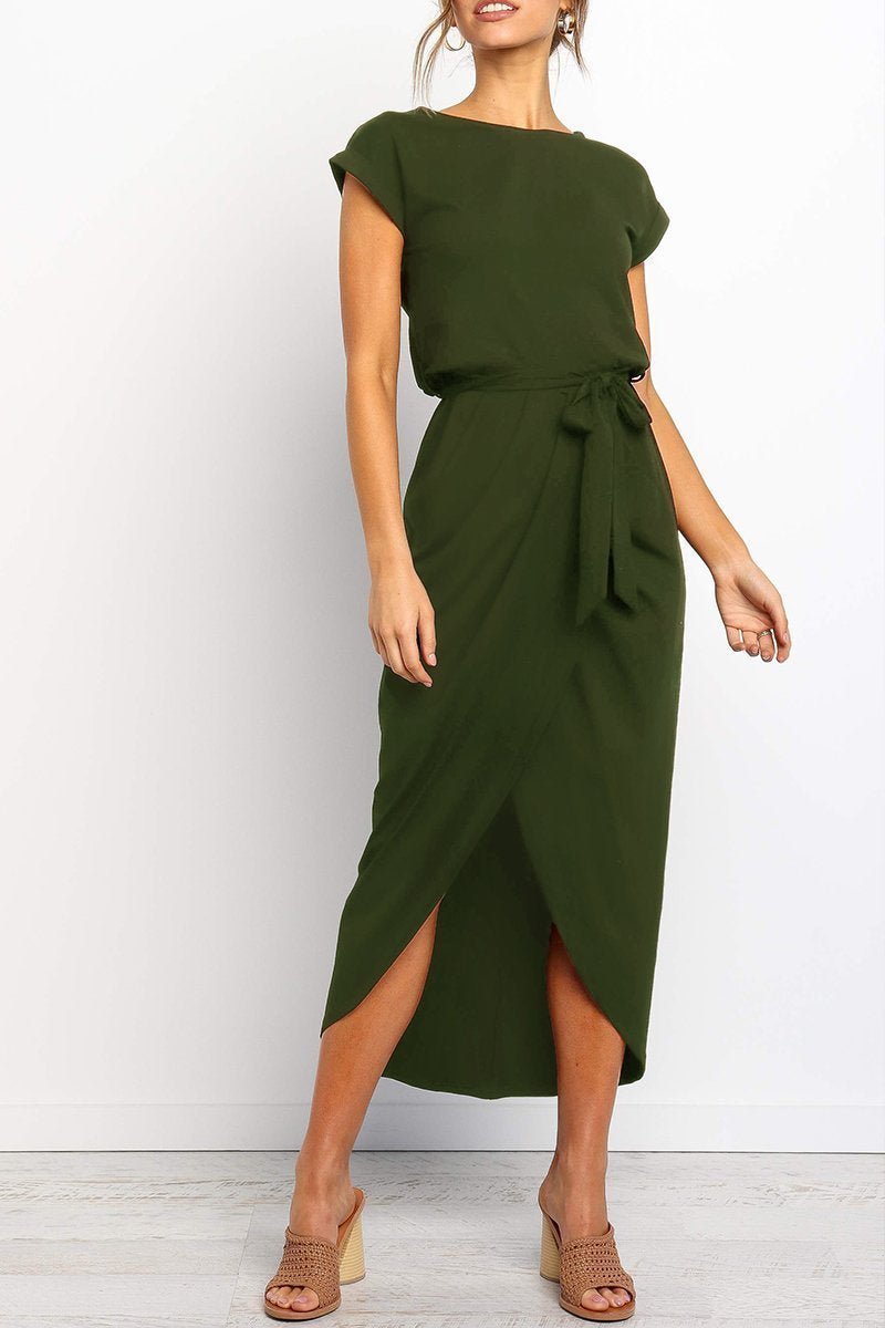 Women's Cap-Sleeve Drawstring-Waist Fall Midi Dress