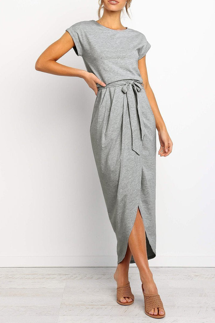 Women's Cap-Sleeve Drawstring-Waist Fall Midi Dress