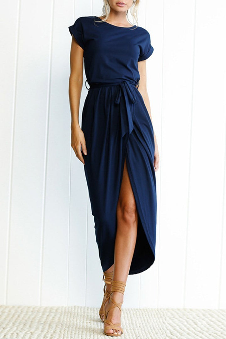 Women's Cap-Sleeve Drawstring-Waist Fall Midi Dress