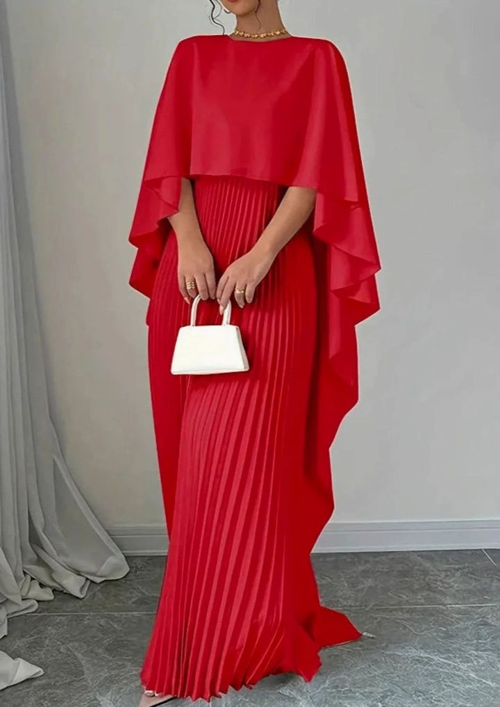 Women's Cape Overlay Pleated Formal Maxi Dress - Red