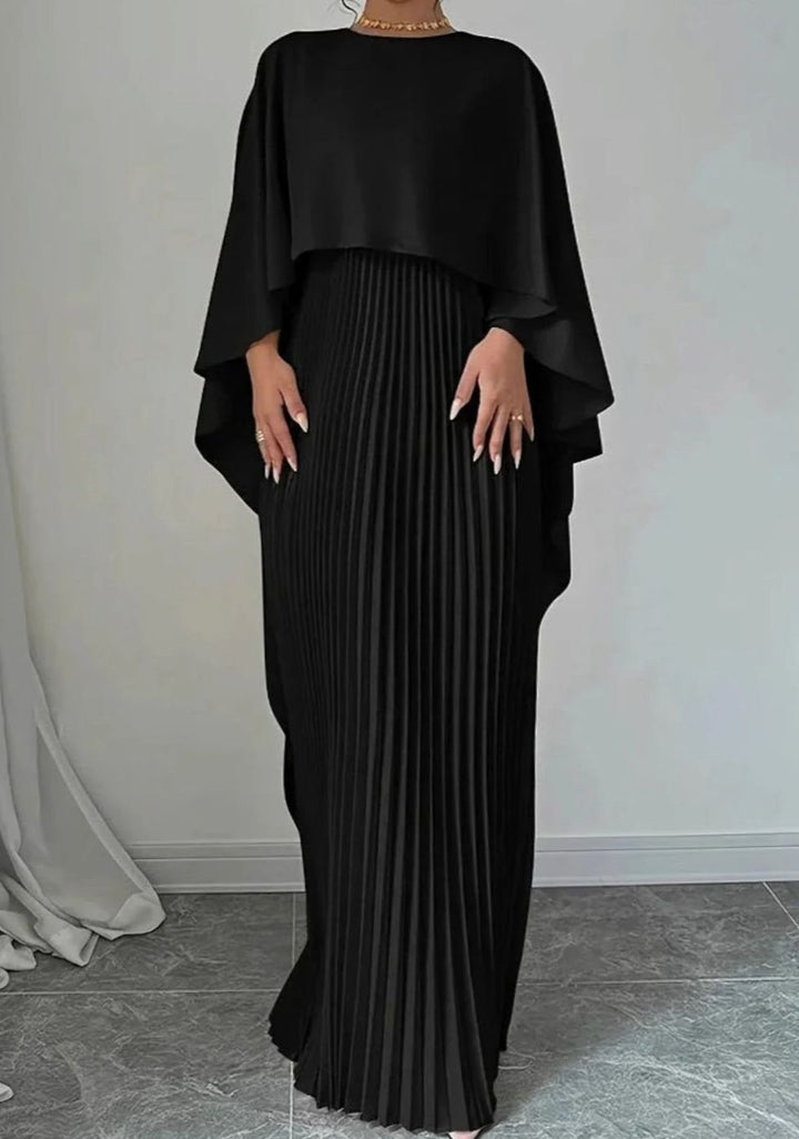 Women's Cape Overlay Pleated Formal Maxi Dress - Black