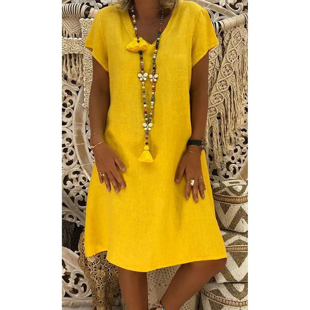 Women's Casual Linen-Blend V-Neck Fall Midi Dress Side Pockets