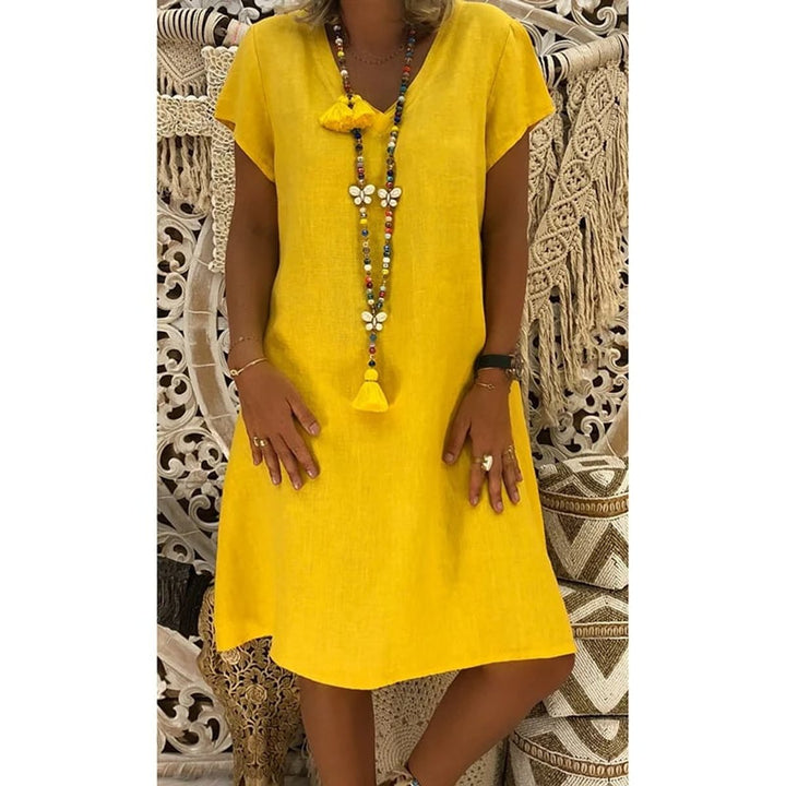 Women's Casual Linen-Blend V-Neck Fall Midi Dress Side Pockets