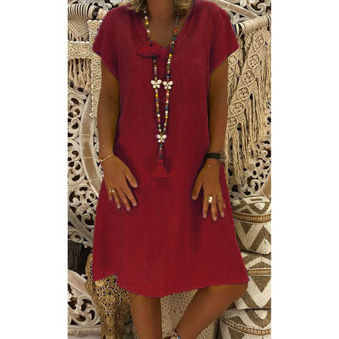 Women's Casual Linen-Blend V-Neck Fall Midi Dress Side Pockets