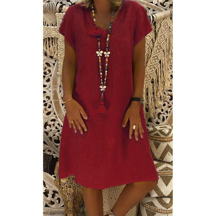 Women's Casual Linen-Blend V-Neck Fall Midi Dress Side Pockets