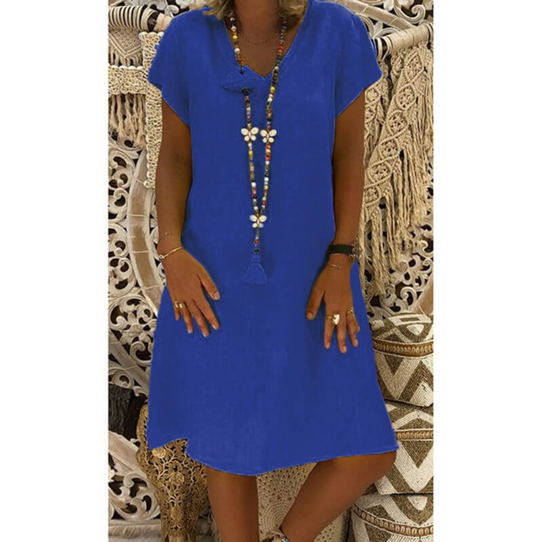 Women's Casual Linen-Blend V-Neck Fall Midi Dress Side Pockets