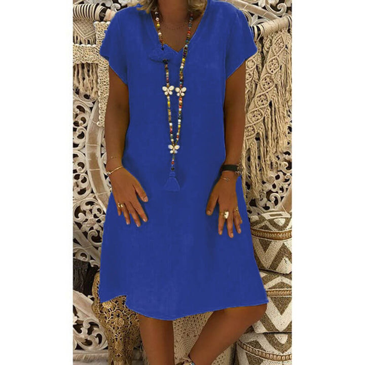 Women's Casual Linen-Blend V-Neck Fall Midi Dress Side Pockets