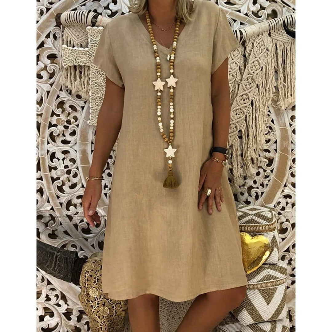 Women's Casual Linen-Blend V-Neck Fall Midi Dress Side Pockets