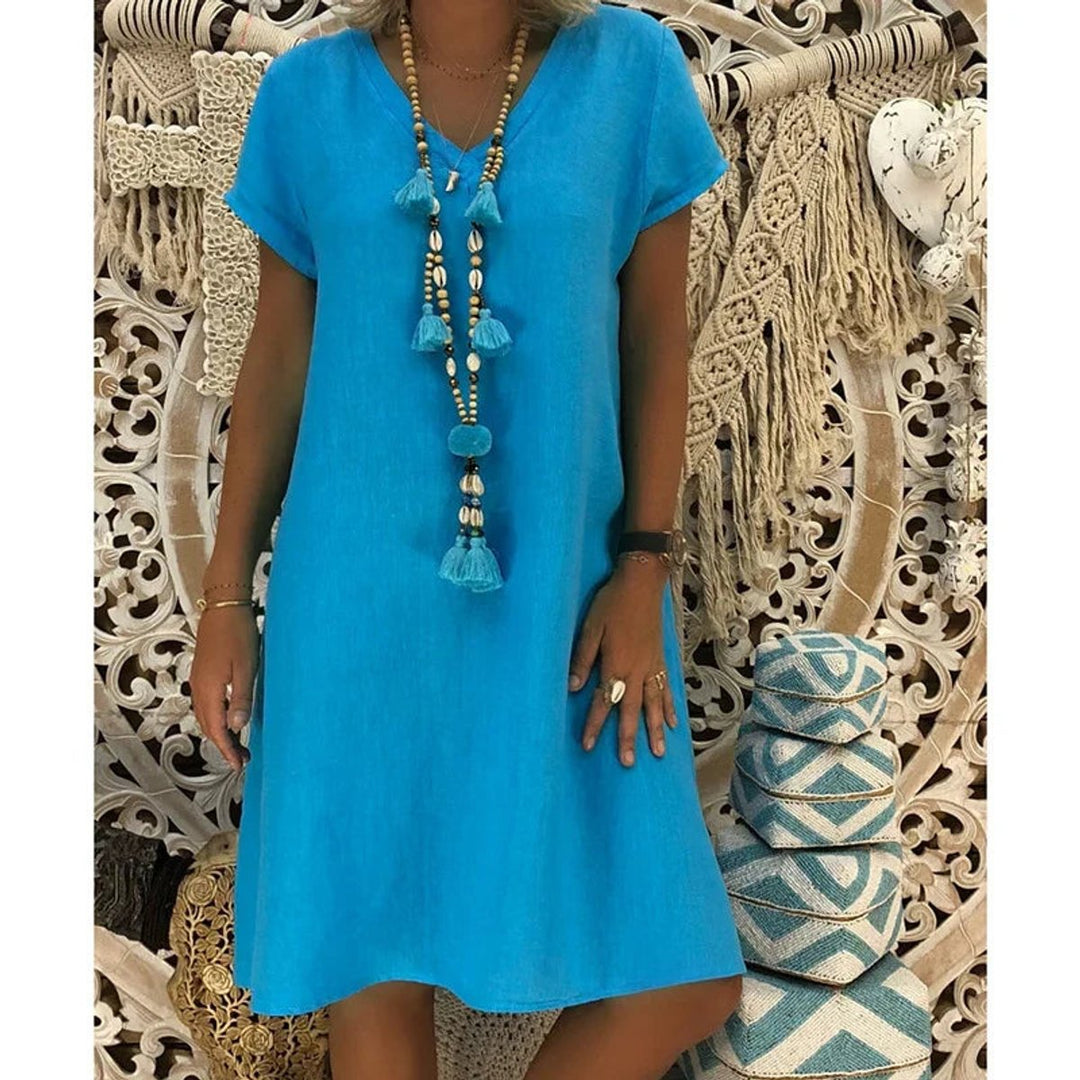 Women's Casual Linen-Blend V-Neck Fall Midi Dress Side Pockets