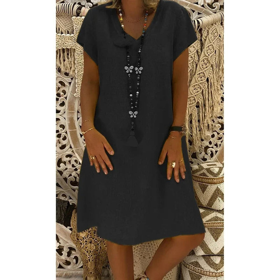 Women's Casual Linen-Blend V-Neck Fall Midi Dress Side Pockets