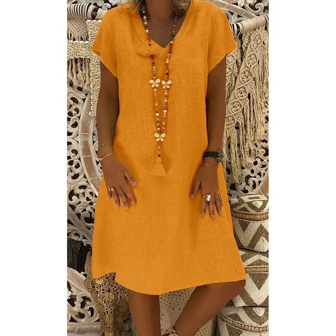 Women's Casual Linen-Blend V-Neck Fall Midi Dress Side Pockets
