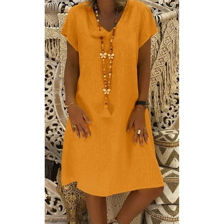 Women's Casual Linen-Blend V-Neck Fall Midi Dress Side Pockets