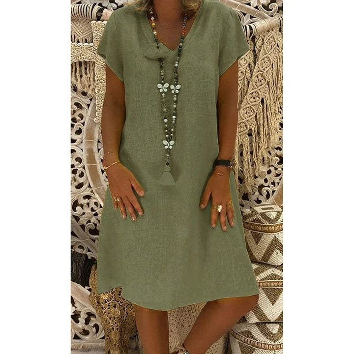 Women's Casual Linen-Blend V-Neck Fall Midi Dress Side Pockets
