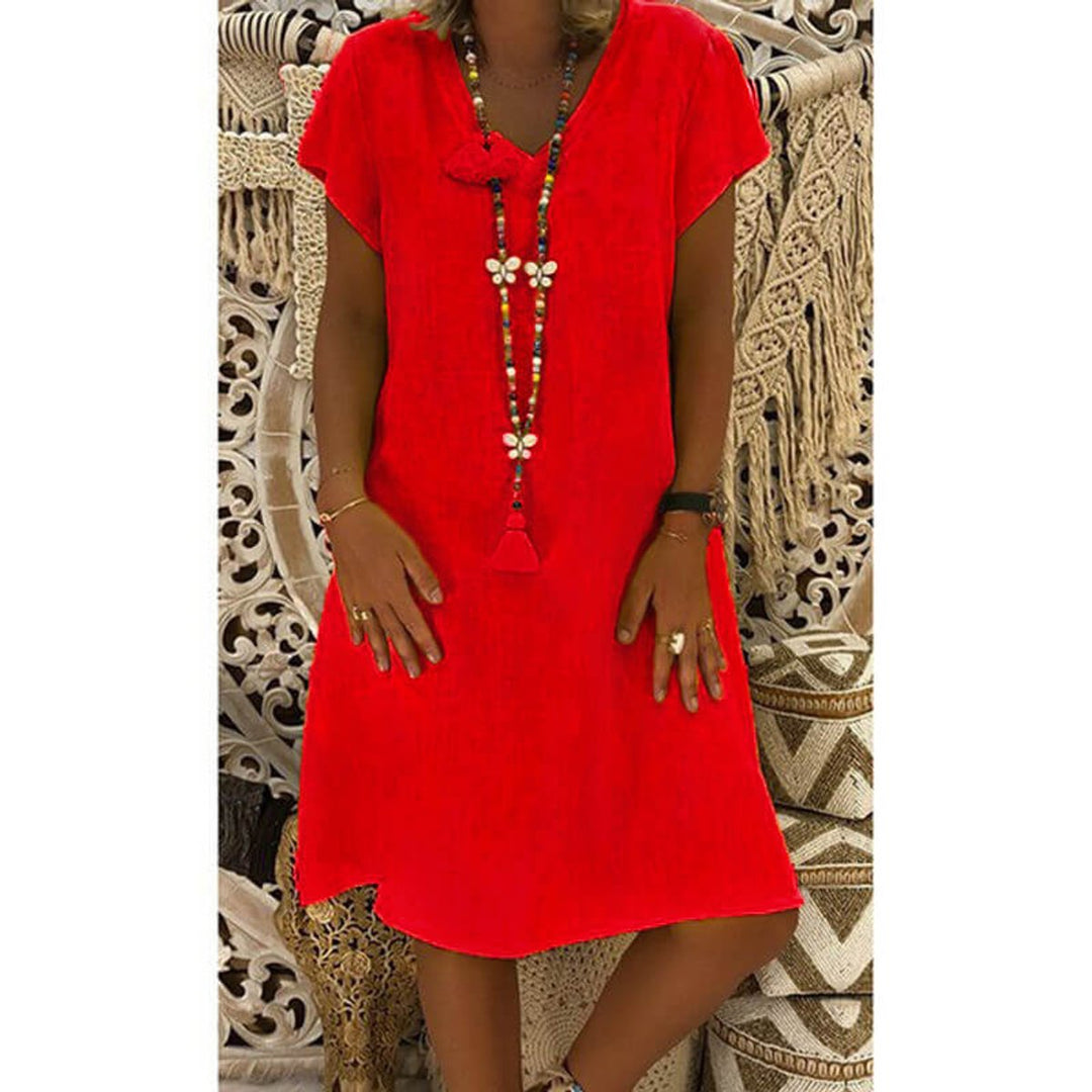 Women's Casual Linen-Blend V-Neck Fall Midi Dress Side Pockets
