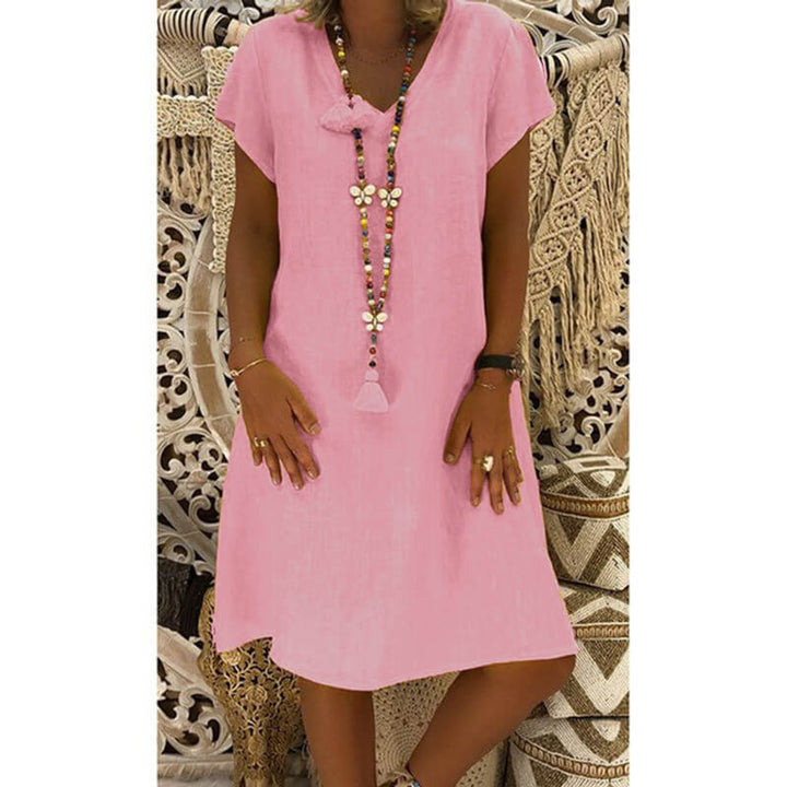 Women's Casual Linen-Blend V-Neck Fall Midi Dress Side Pockets