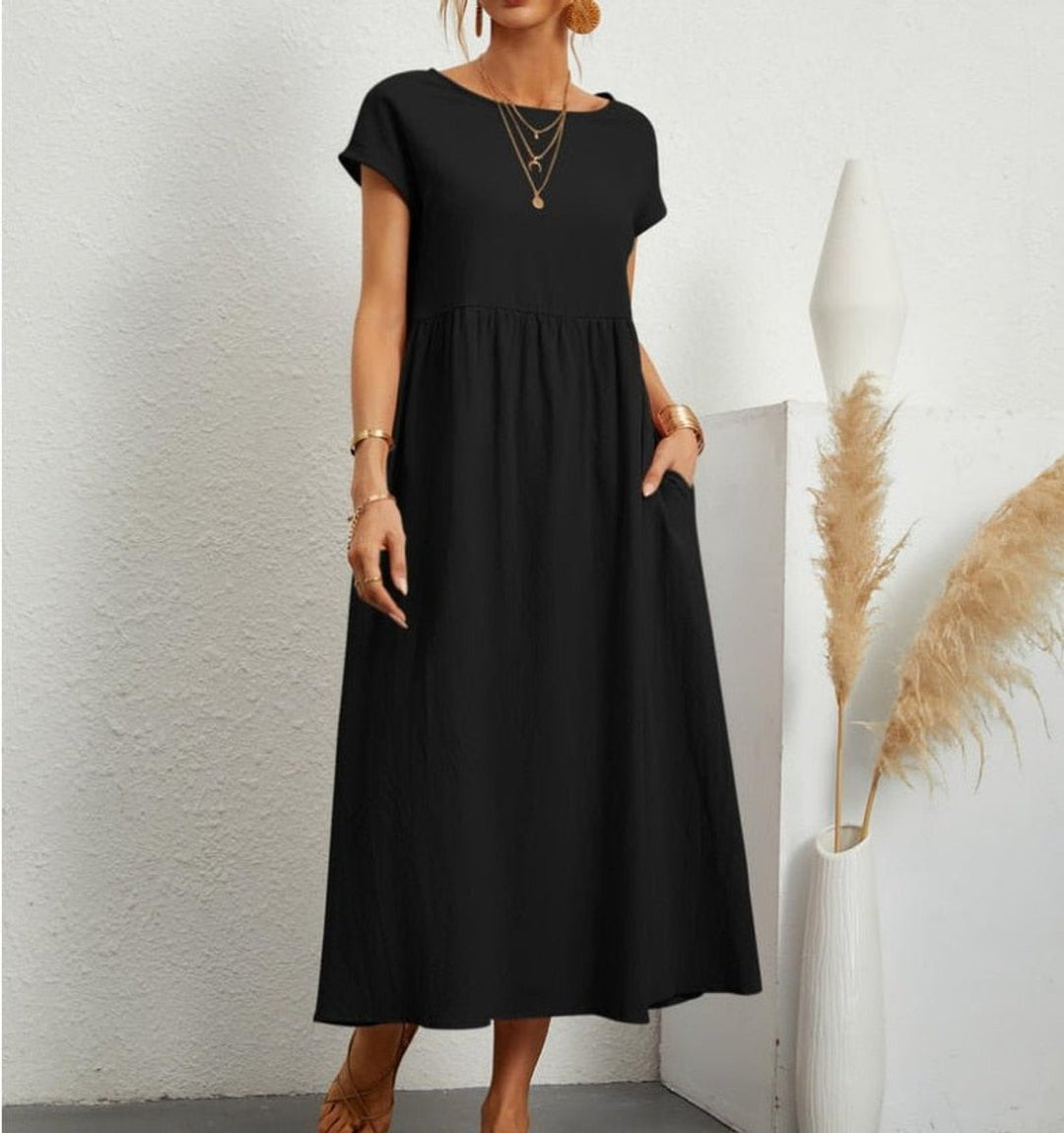 Women's Casual Smocked-Waist Maxi Fall Wedding Guest Dress Pockets