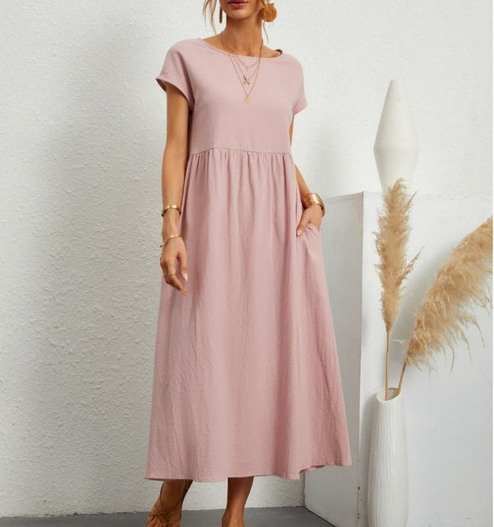 Women's Casual Smocked-Waist Maxi Fall Wedding Guest Dress Pockets