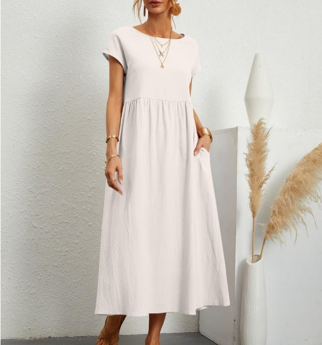 Women's Casual Smocked-Waist Maxi Fall Wedding Guest Dress Pockets