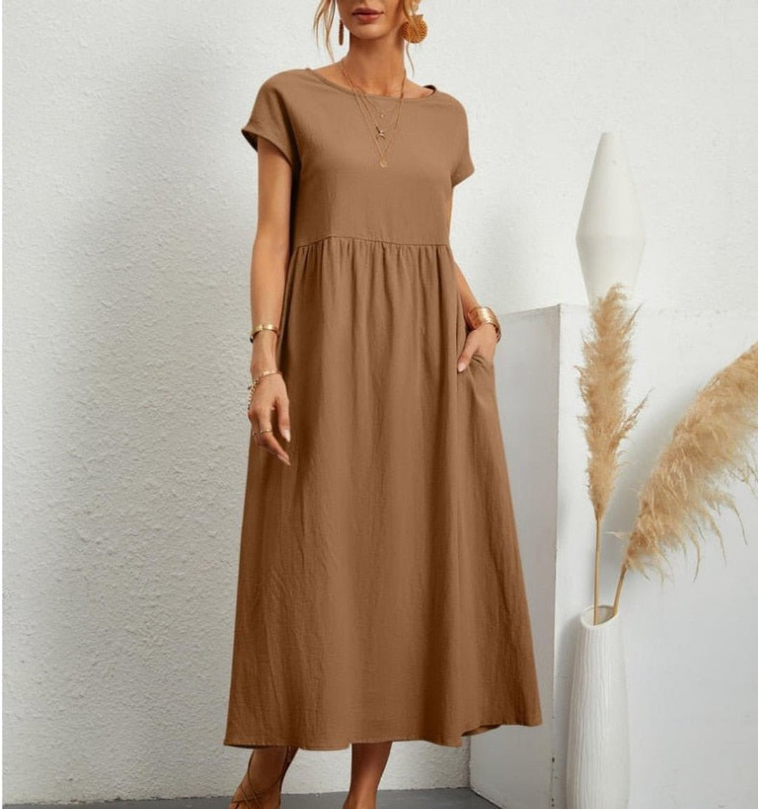 Women's Casual Smocked-Waist Maxi Fall Wedding Guest Dress Pockets