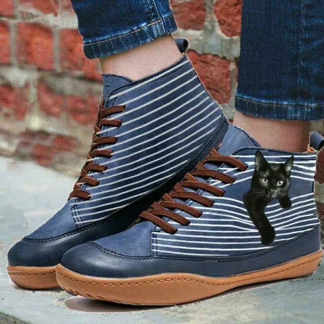 Women's Cat Print Striped Lace-Up Flat Ankle Boots