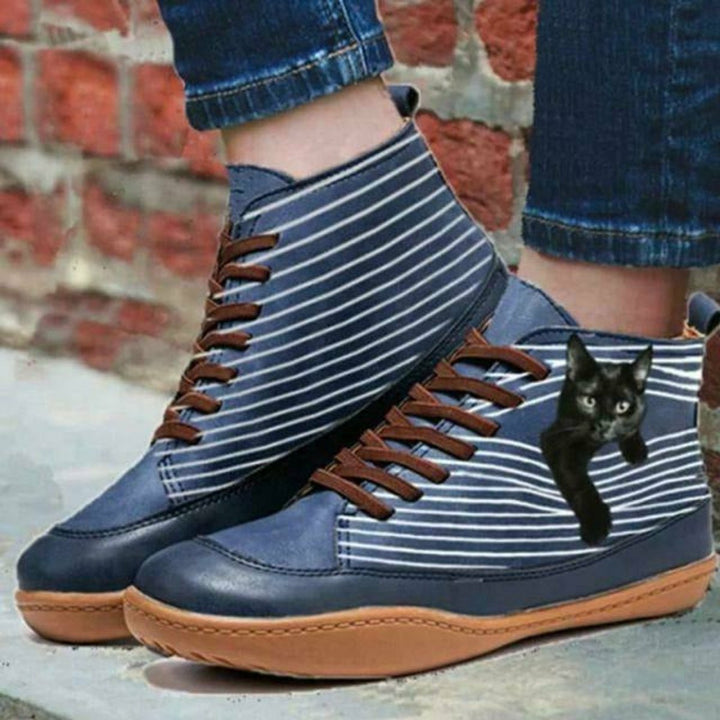 Women's Cat Print Striped Lace-Up Flat Ankle Boots