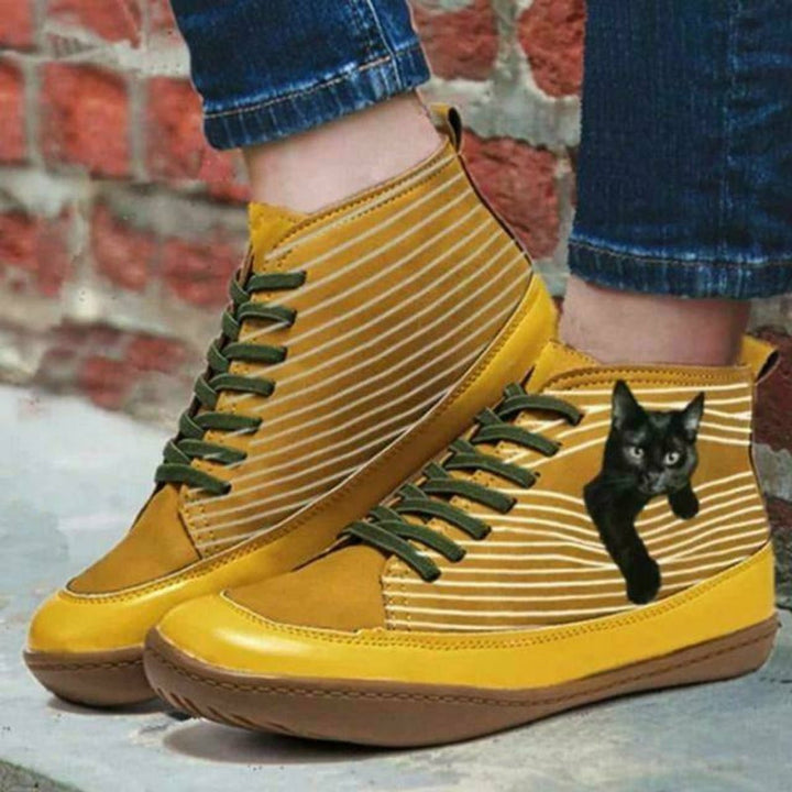 Women's Cat Print Striped Lace-Up Flat Ankle Boots