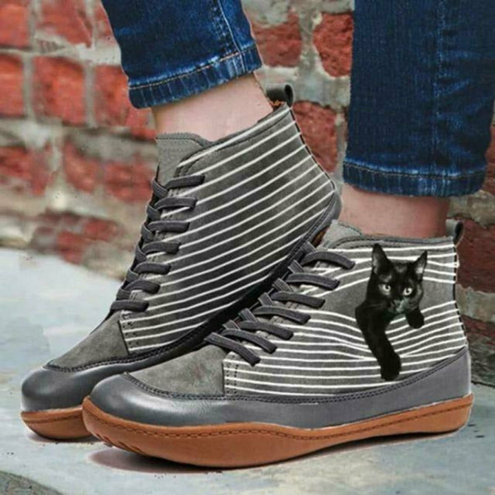 Women's Cat Print Striped Lace-Up Flat Ankle Boots