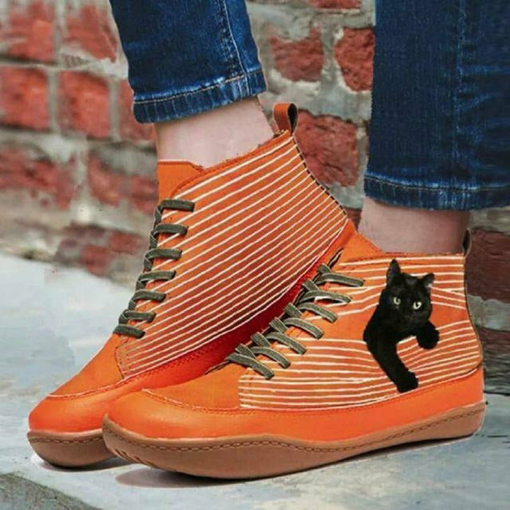 Women's Cat Print Striped Lace-Up Flat Ankle Boots