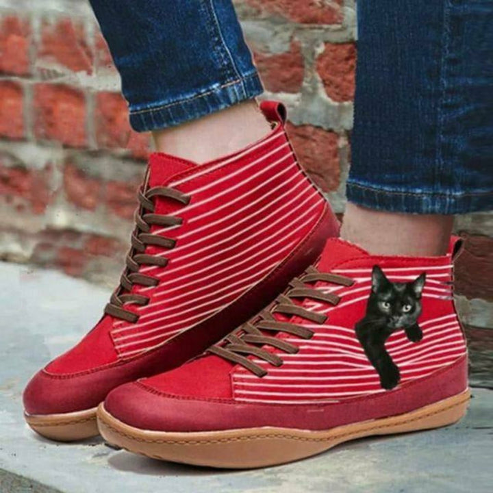 Women's Cat Print Striped Lace-Up Flat Ankle Boots
