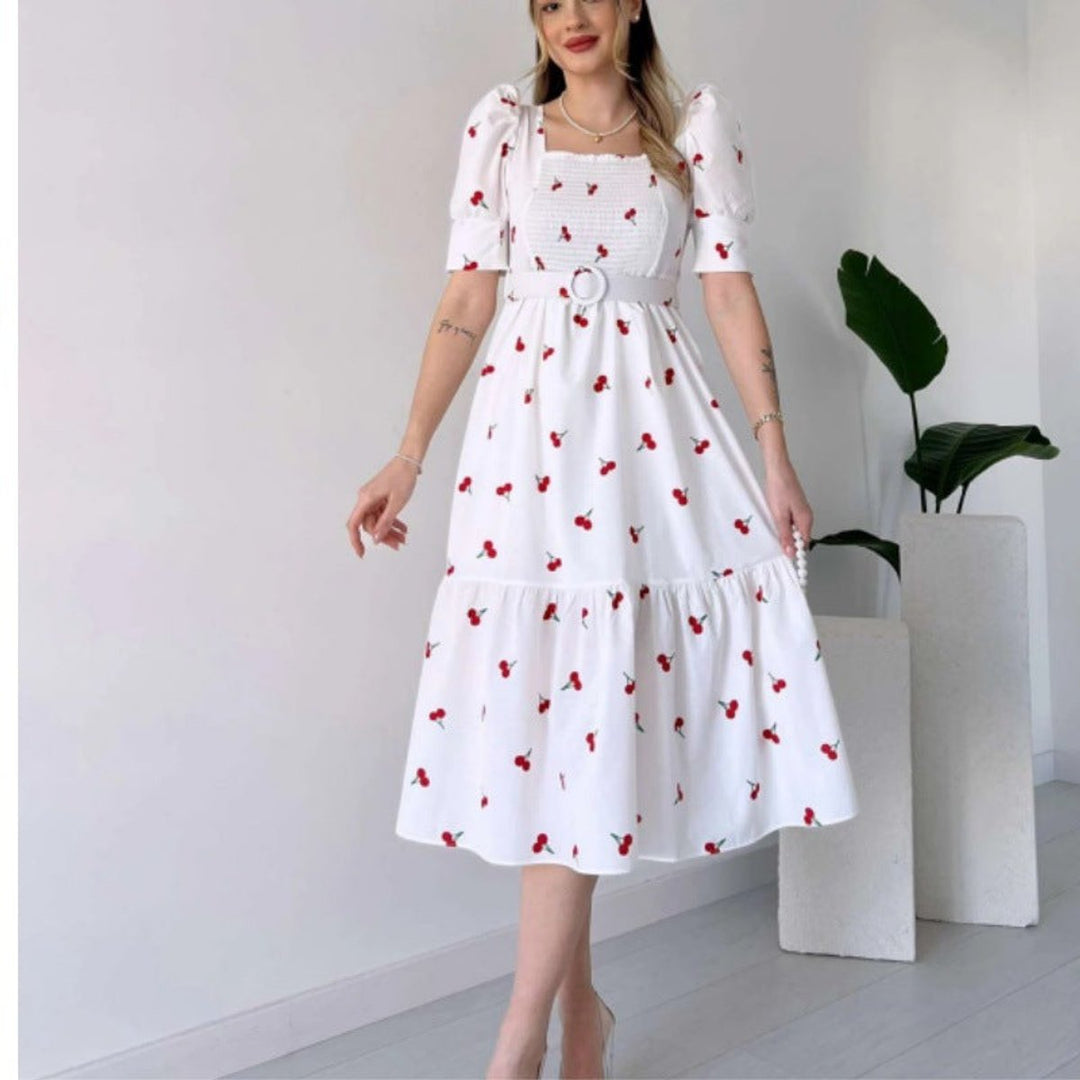 Women's Cherry Print Smocked Square-Neck Fall Midi Dress