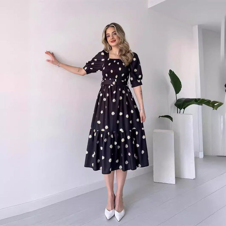 Women's Cherry Print Smocked Square-Neck Fall Midi Dress