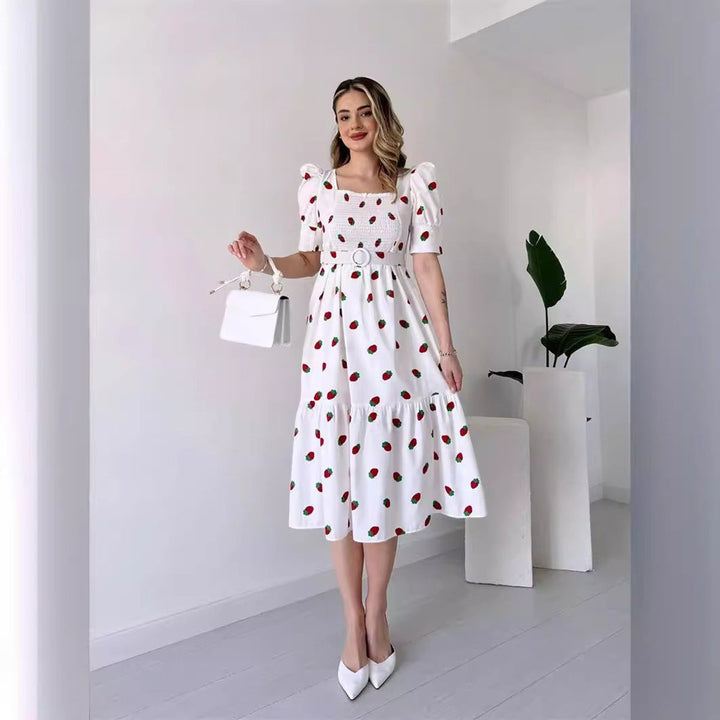 Women's Cherry Print Smocked Square-Neck Fall Midi Dress