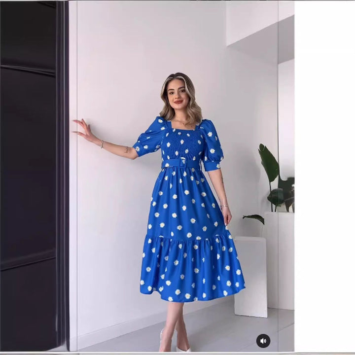 Women's Cherry Print Smocked Square-Neck Fall Midi Dress