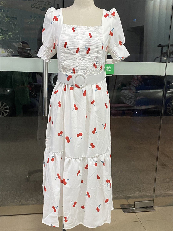 Women's Cherry Print Smocked Square-Neck Fall Midi Dress