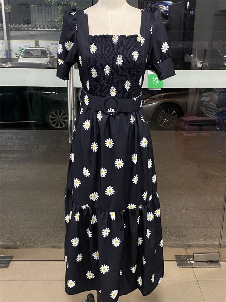 Women's Cherry Print Smocked Square-Neck Fall Midi Dress